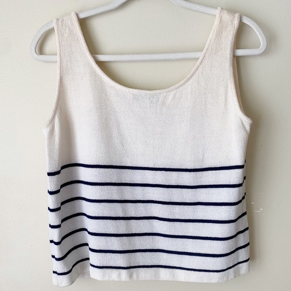 St. John Collection | Embroidered Striped Tank Top Scoop Neck Navy Cream Medium - Picture 3 of 4